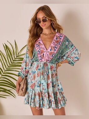 VICI Collection Skylar Floral Tassel Tie Mini Dress